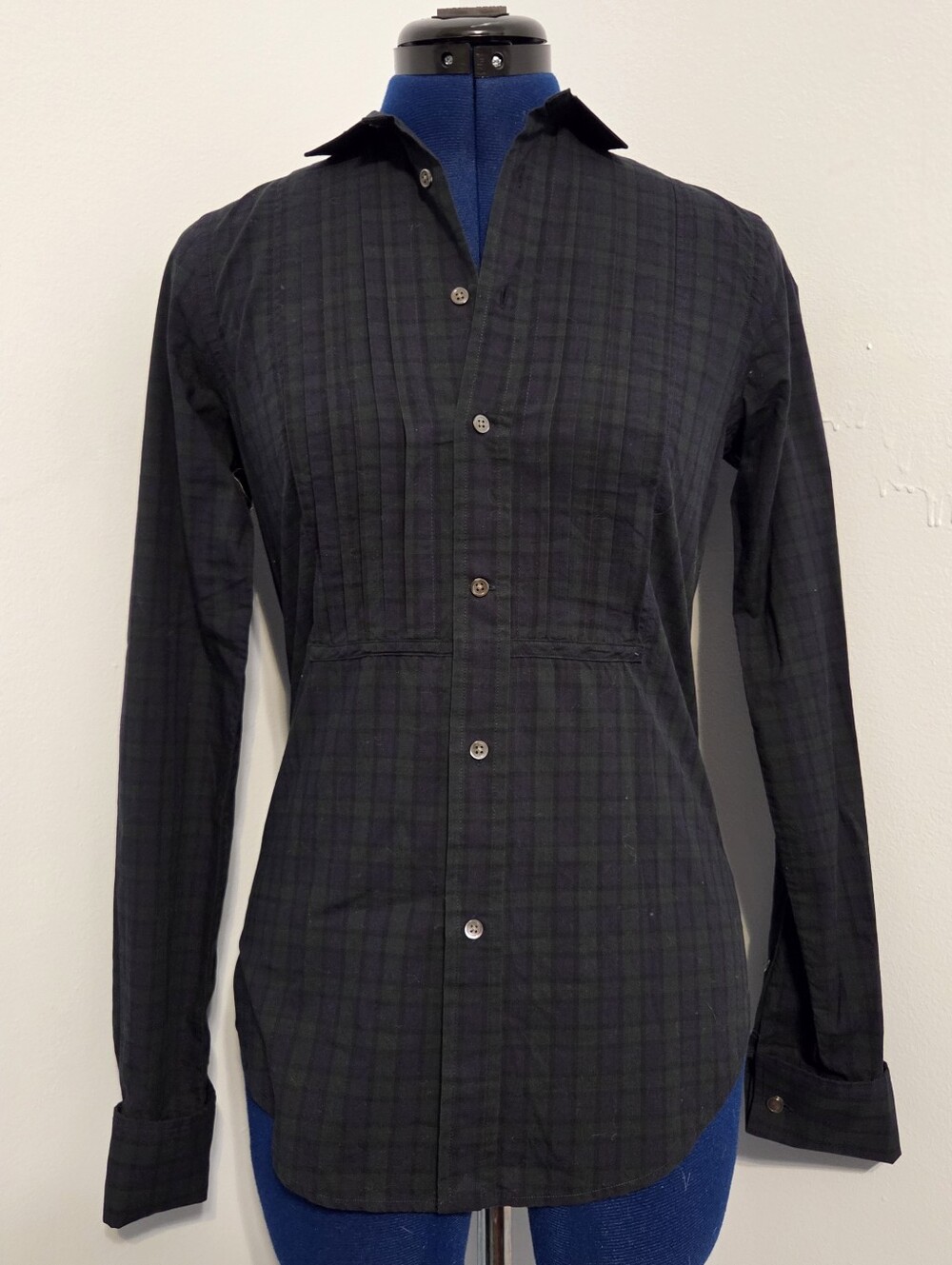 Navy Blue Plaid Pleated Button Down Shirt Size 0